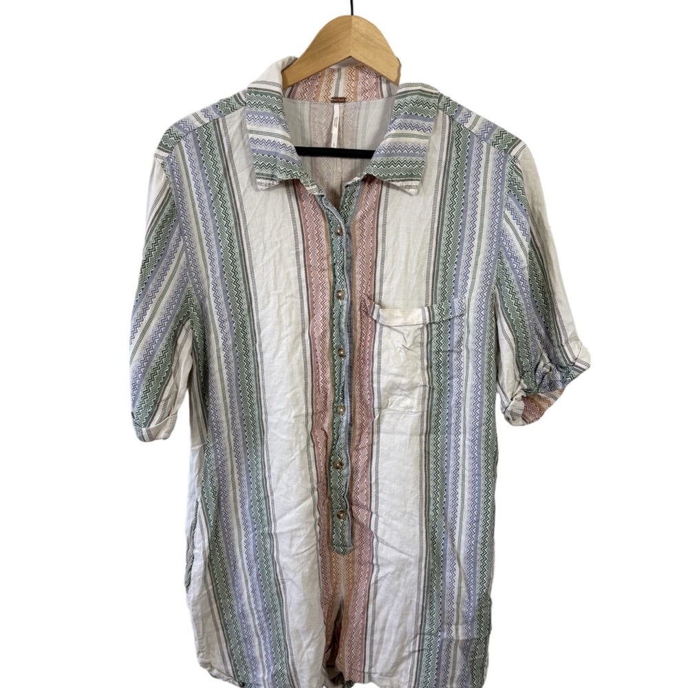 Free People Linen Blend Striped Romper Boho Button Front XS